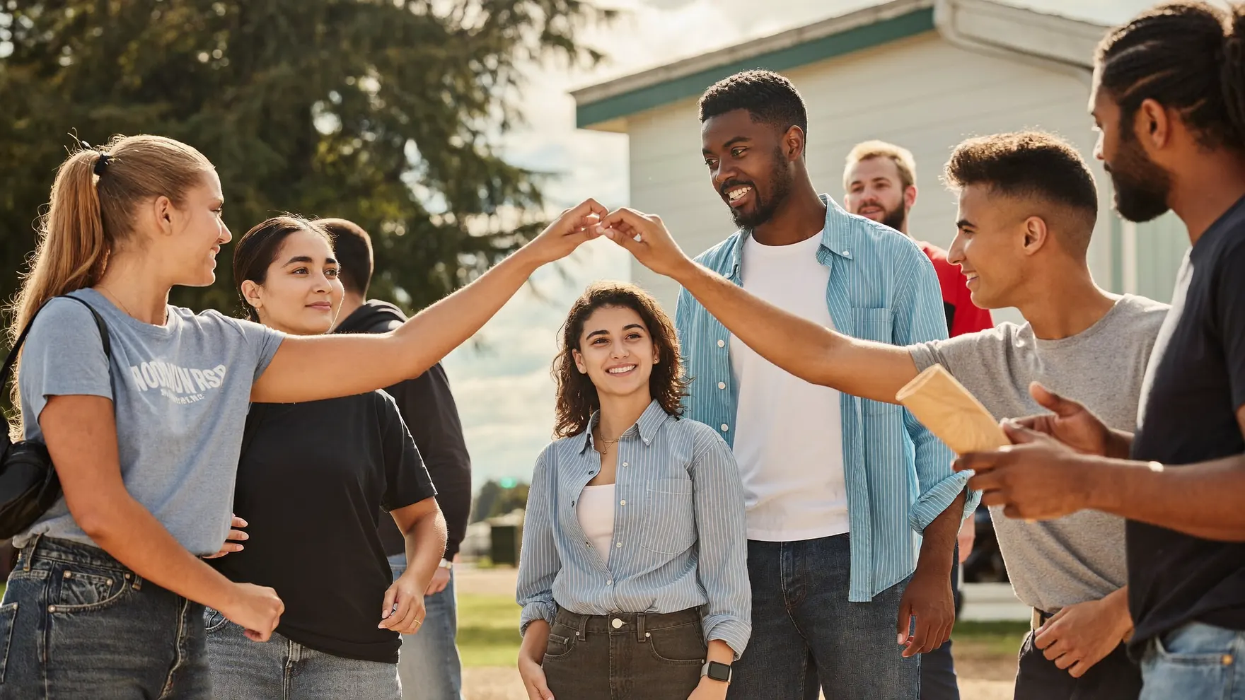 Five young people gathered outdoors during the day