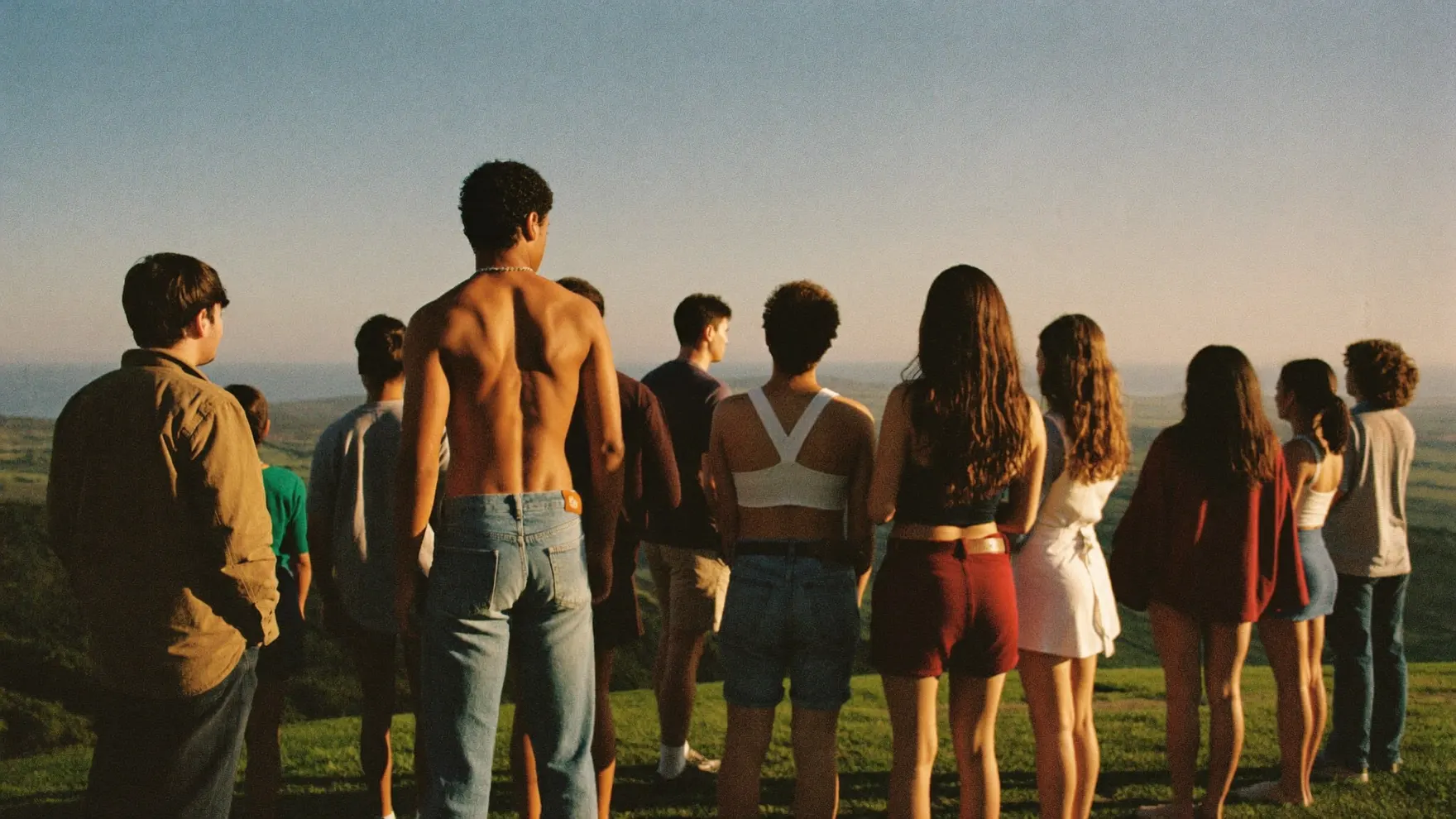 People standing together on a mountain ridge at dusk